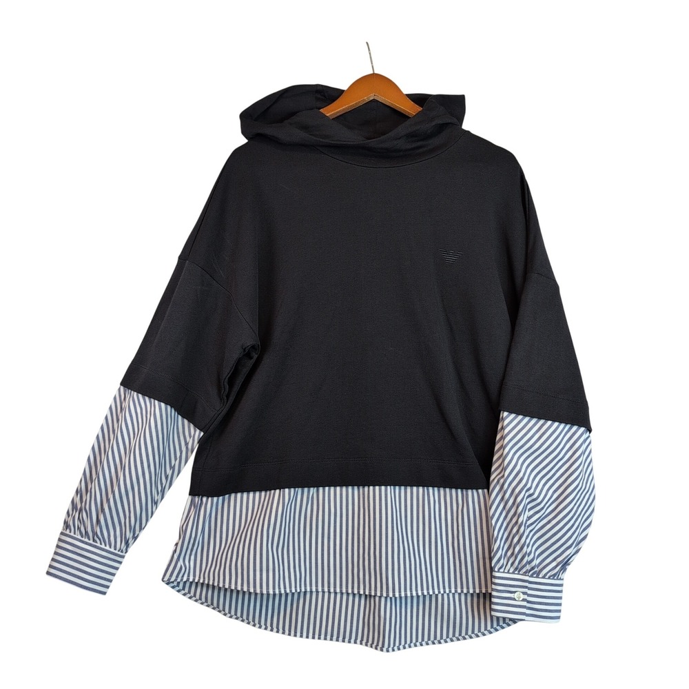 Emporio Armani Sz 48 Black Layered Striped Oversized Hoodie Shirt School Office
